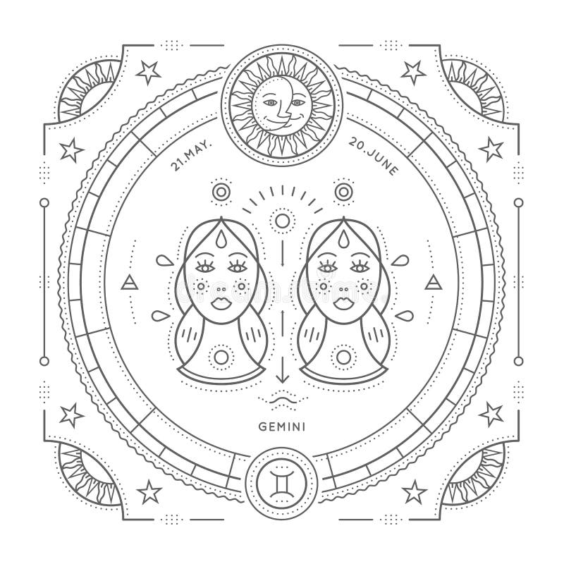 Linha fina etiqueta do vintage do sinal do zodíaco dos Gêmeos Símbolo astrológico do vetor retro, elemento místico, sagrado da ge ilustração stock Linha fina etiqueta do vintage do sinal do zodíaco dos Gêmeos Símbolo astrológico do vetor retro, elemento místico, sagrado da ge ilustração stock
