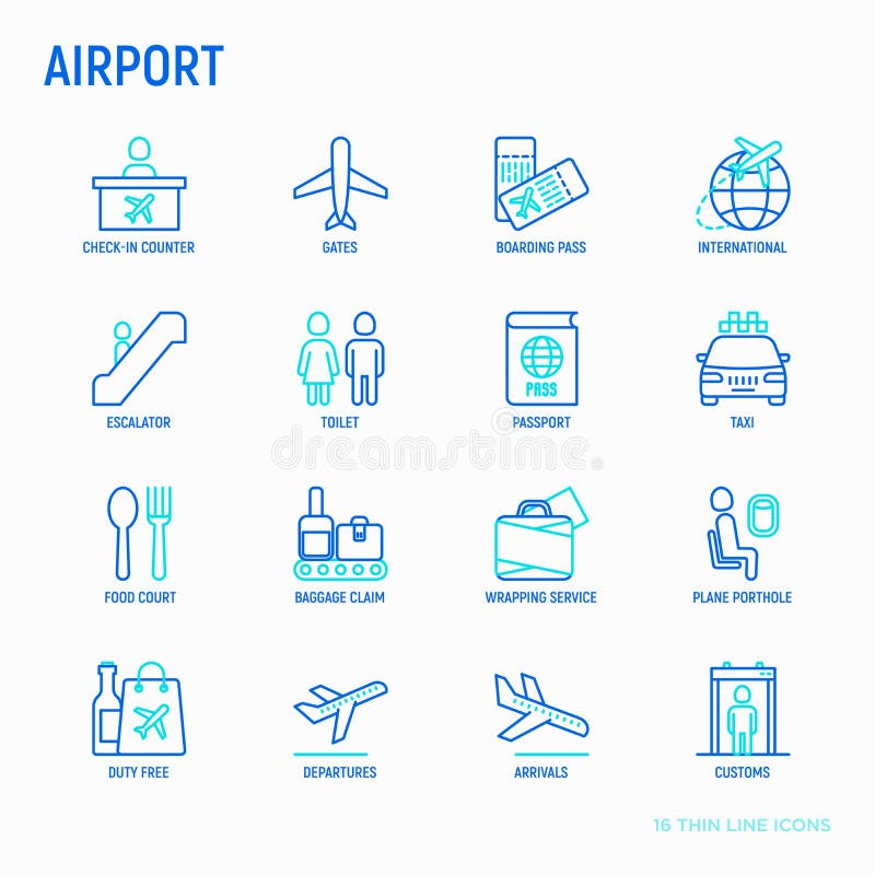 Linha fina grupo do aeroporto dos ?cones: contador de registro, portas, p de embarque ilustração do vetor Linha fina grupo do aeroporto dos ?cones: contador de registro, portas, p de embarque ilustração do vetor