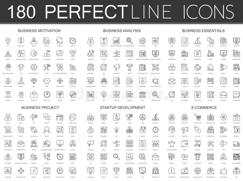180 linha fina moderna ícones ajustados da motivação do negócio, análise, fundamentos do negócio, projeto do negócio, partida