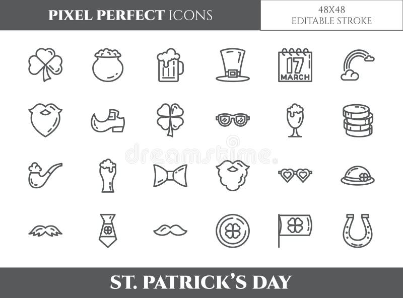 Linha fina perfeita ícones do pixel do tema do dia do ` s de St Patrick Grupo de elementos de, de trevo, de chapéu do duende, de ilustração stock Linha fina perfeita ícones do pixel do tema do dia do ` s de St Patrick Grupo de elementos de, de trevo, de chapéu do duende, de ilustração stock