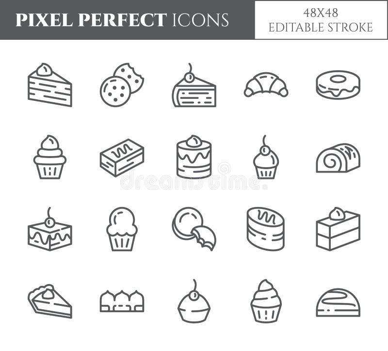 Linha fina perfeita ícones do pixel do tema dos bolos e das cookies Grupo de elementos da torta, da brownie, do biscoito, do tira ilustração stock Linha fina perfeita ícones do pixel do tema dos bolos e das cookies Grupo de elementos da torta, da brownie, do biscoito, do tira ilustração stock