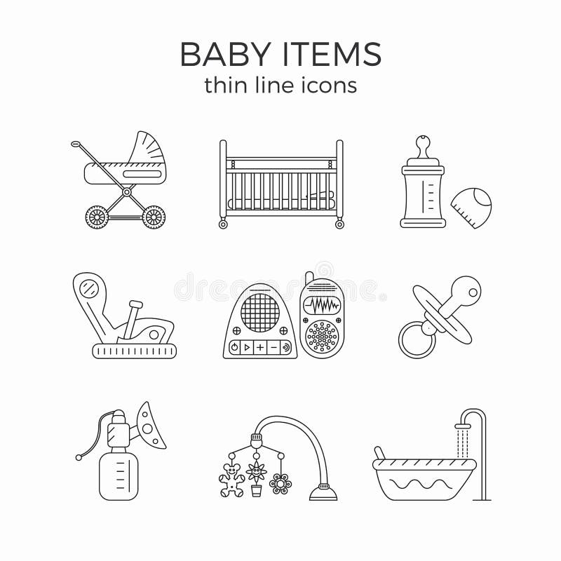 A linha fina ícones ajustados do bebê ou o infante precisam primeiramente artigos ilustração do vetor A linha fina ícones ajustados do bebê ou o infante precisam primeiramente artigos ilustração do vetor