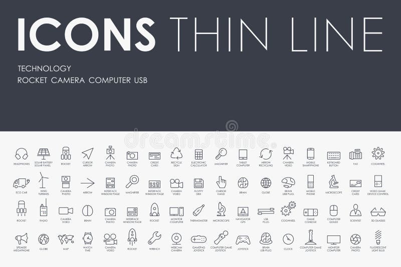Linha fina ícones da tecnologia ilustração stock Linha fina ícones da tecnologia ilustração stock