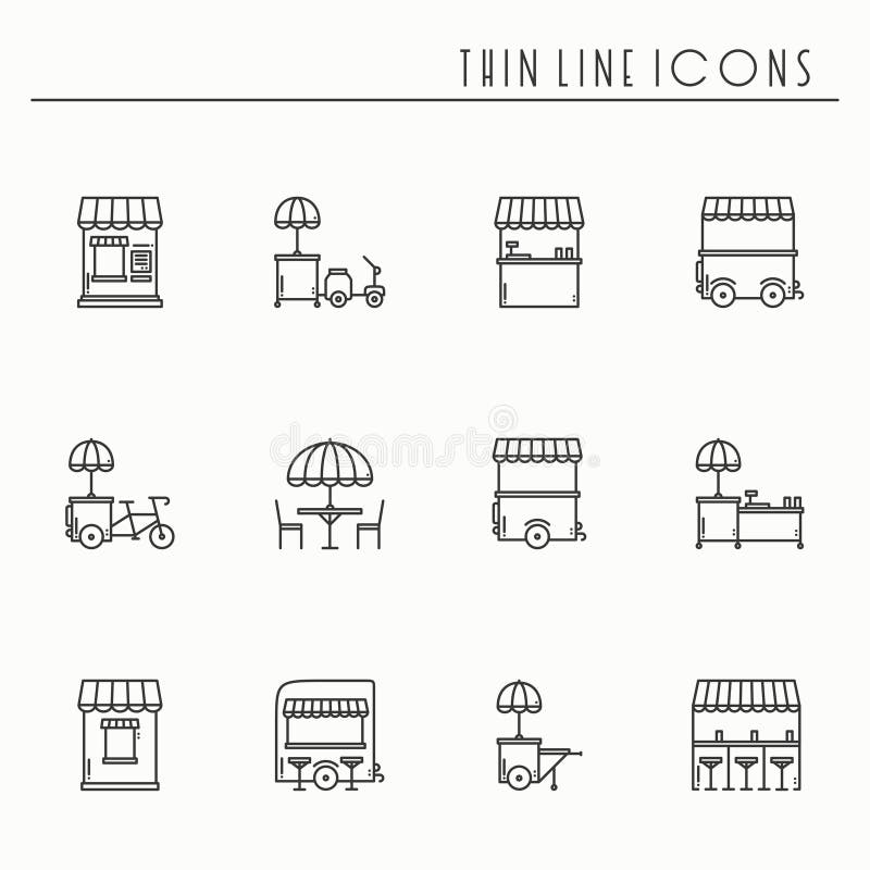 Linha fina ícones do retalho do alimento da rua ajustados Caminhão do alimento, quiosque, trole, tenda do mercado da roda, café m ilustração stock Linha fina ícones do retalho do alimento da rua ajustados Caminhão do alimento, quiosque, trole, tenda do mercado da roda, café m ilustração stock