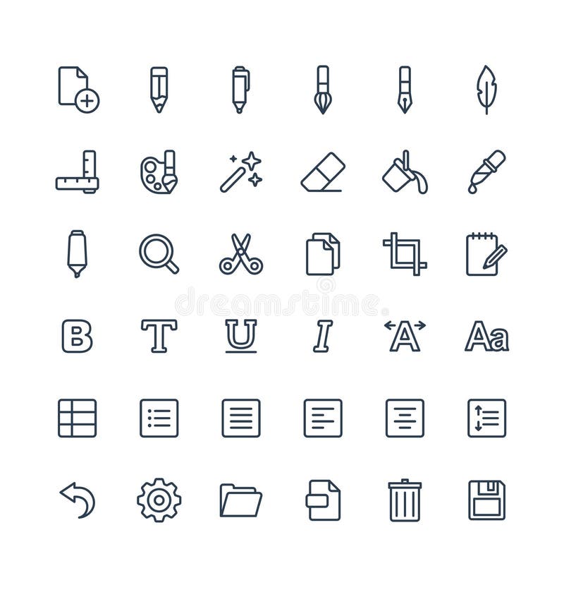 Linha fina ícones do vetor ajustados e elementos do projeto gráfico A ilustração com texto edita, símbolos do esboço das ferramen ilustração stock Linha fina ícones do vetor ajustados e elementos do projeto gráfico A ilustração com texto edita, símbolos do esboço das ferramen ilustração stock
