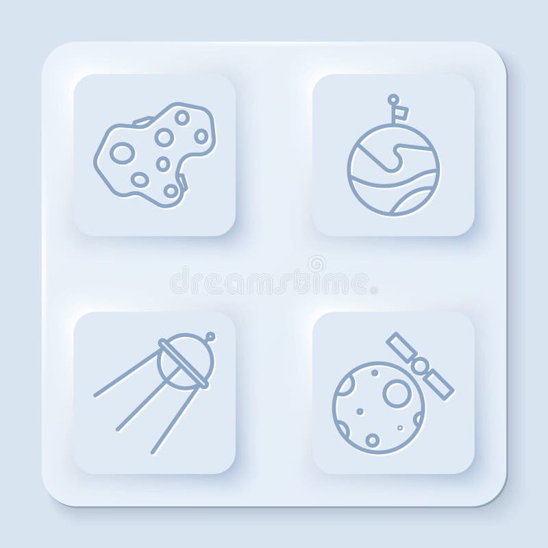 Set line Asteroid, Moon with flag, Satellite and Satellites orbiting the planet Earth. White square button. Vector. Set line Asteroid, Moon with flag, Satellite and Satellites orbiting the planet Earth. White square button. Vector.