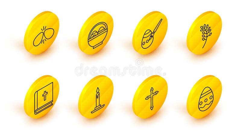 Set line Easter egg Christian cross Burning candle in candlestick Holy bible book Willow leaf paint brush Basket with easter eggs and icon. Vector. Set line Easter egg Christian cross Burning candle in candlestick Holy bible book Willow leaf paint brush Basket with easter eggs and icon. Vector.