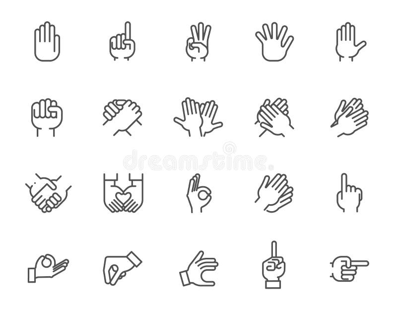 Linha grande grupo do ícone das mãos humanas com sinais diferentes 20 mono pictograma lineares do gráfico da Web ilustração stock Linha grande grupo do ícone das mãos humanas com sinais diferentes 20 mono pictograma lineares do gráfico da Web ilustração stock