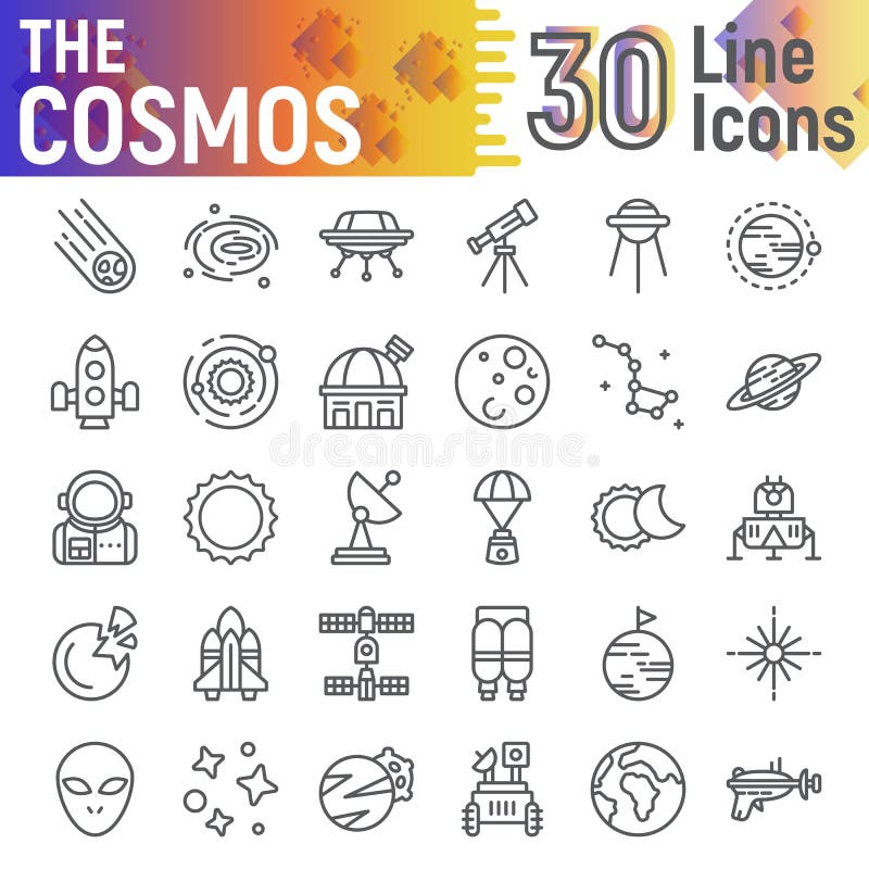 Linha grupo do cosmos do ícone, símbolos coleção do espaço, esboços do vetor, ilustrações do logotipo, sinais da astronomia ilustração do vetor Linha grupo do cosmos do ícone, símbolos coleção do espaço, esboços do vetor, ilustrações do logotipo, sinais da astronomia ilustração do vetor