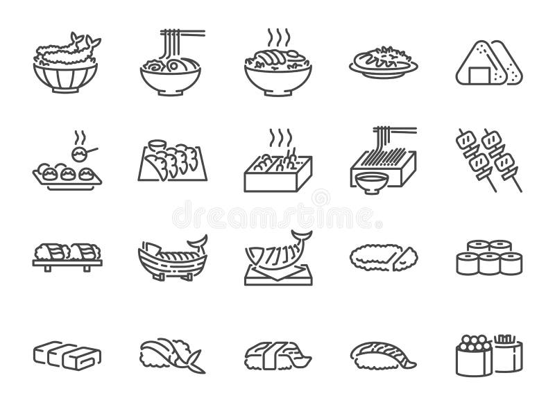 A linha japonesa ícone do alimento ajustou 1 Incluiu os ícones como o sushi, sashimi, maki, rolo de sushi, Tonkatsu e mais ilustração royalty free A linha japonesa ícone do alimento ajustou 1 Incluiu os ícones como o sushi, sashimi, maki, rolo de sushi, Tonkatsu e mais ilustração royalty free