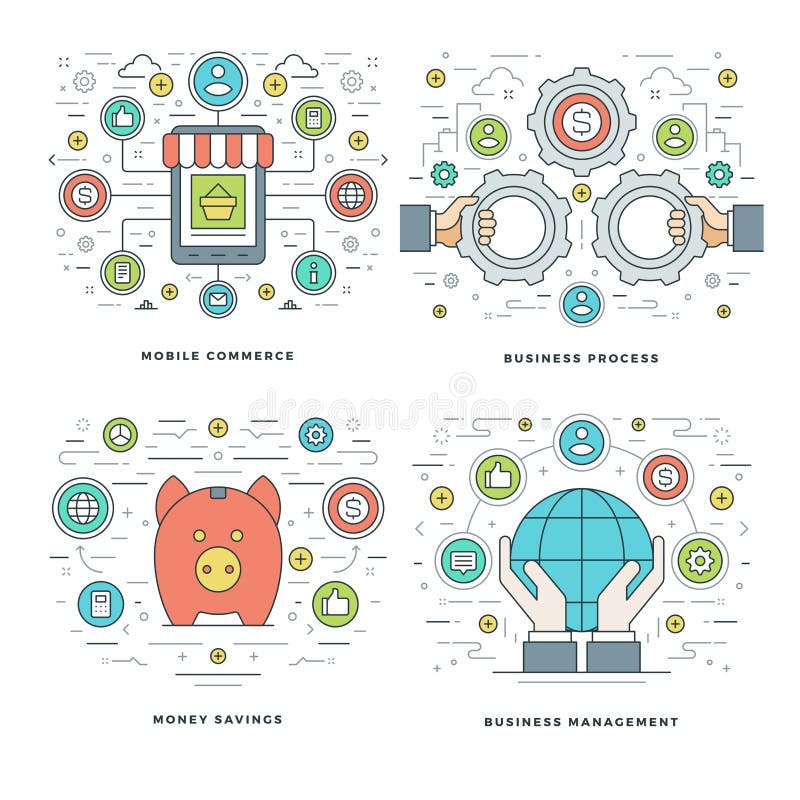 A linha lisa economias do dinheiro, compra do Internet, pagamentos móveis, conceitos do processo de negócios ajustou ilustrações ilustração royalty free A linha lisa economias do dinheiro, compra do Internet, pagamentos móveis, conceitos do processo de negócios ajustou ilustrações ilustração royalty free