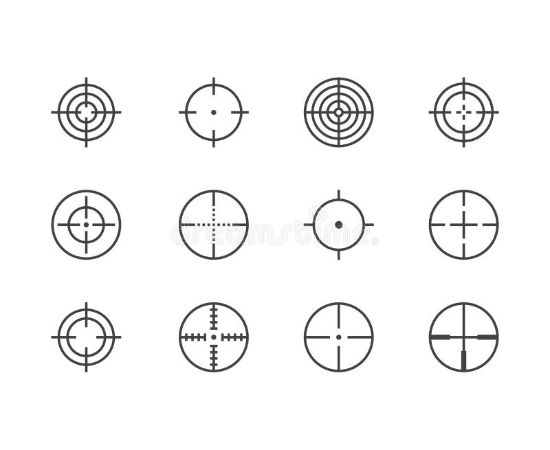 Linha lisa grupo do espaço dos ícones Alvo, alvo da arma, ilustrações do vetor do crosshair do atirador furtivo Sinais finos para ilustração do vetor Linha lisa grupo do espaço dos ícones Alvo, alvo da arma, ilustrações do vetor do crosshair do atirador furtivo Sinais finos para ilustração do vetor