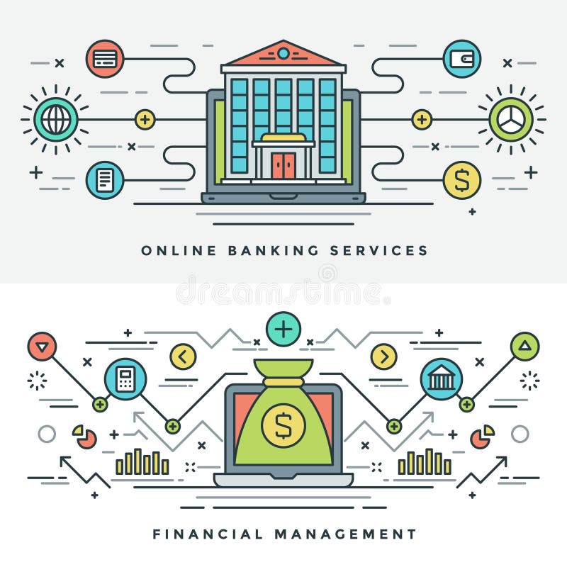 A linha lisa operação bancária e o conceito da gestão financeira Vector a ilustração ilustração stock A linha lisa operação bancária e o conceito da gestão financeira Vector a ilustração ilustração stock