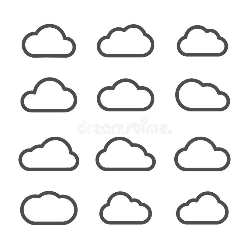 Vector cloud icons flat line set black on white background. Vector cloud icons flat line set black on white background