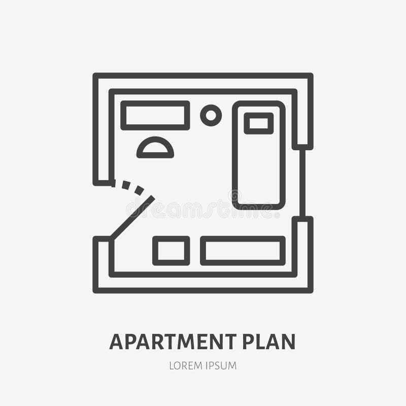 Linha lisa ícone do plano do apartamento Sinal fino do vetor da disposição da sala, logotipo do aluguel do condomínio Ilustração ilustração do vetor Linha lisa ícone do plano do apartamento Sinal fino do vetor da disposição da sala, logotipo do aluguel do condomínio Ilustração ilustração do vetor