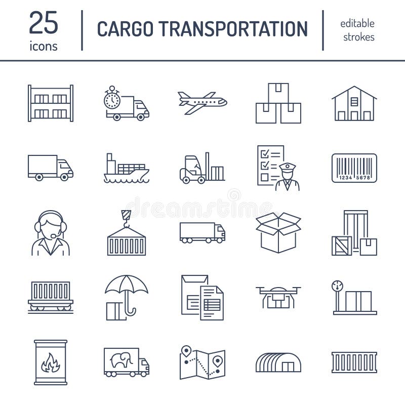 Linha lisa ícones do transporte da carga Transportando, entrega expressa, logística, transporte, operações de desalfandegamento