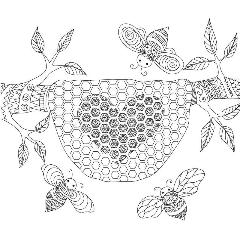 Linha projeto da arte das abelhas do mel que voam em torno da colmeia ilustração royalty free Linha projeto da arte das abelhas do mel que voam em torno da colmeia ilustração royalty free