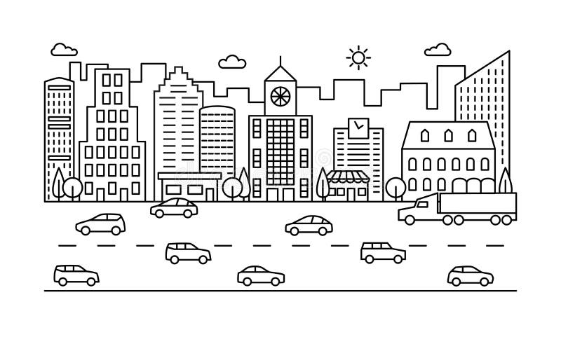 Linha rua da cidade Esboce a cena urbana com construções, estrada e carros Arquitetura da cidade moderna do vetor ilustração stock Linha rua da cidade Esboce a cena urbana com construções, estrada e carros Arquitetura da cidade moderna do vetor ilustração stock