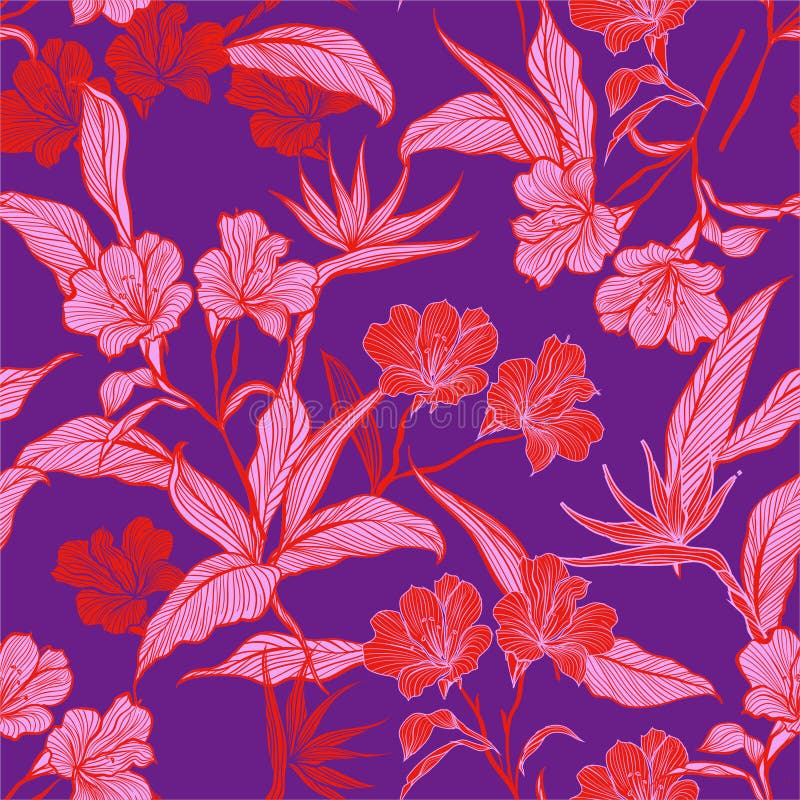 Linha sem emenda flores e plantas botânicas do teste padrão do vintage na ilustração colorida do vetor do jardim Projeto para a W ilustração royalty free Linha sem emenda flores e plantas botânicas do teste padrão do vintage na ilustração colorida do vetor do jardim Projeto para a W ilustração royalty free