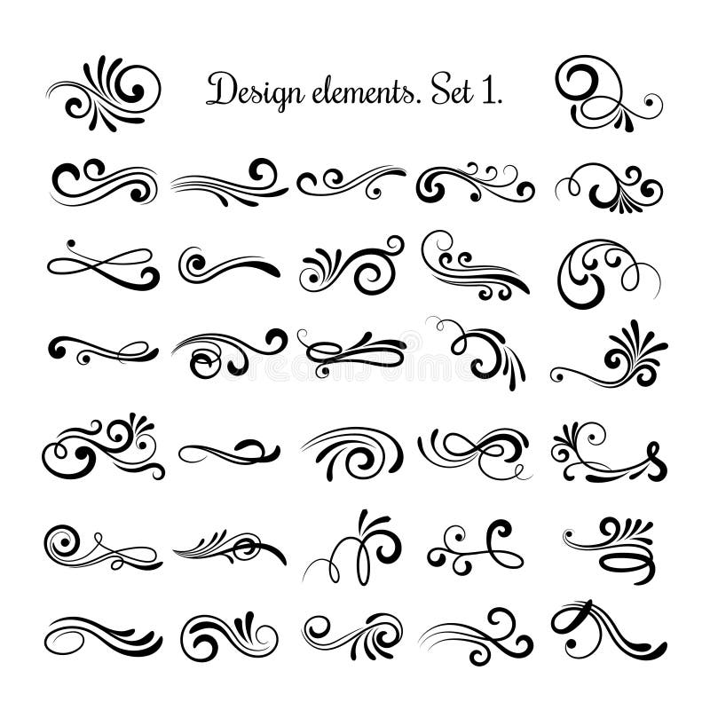 Swirly line curl patterns isolated on white background. Vector flourish vintage embellishments for greeting cards. Collection of filigree frame decoration illustration. Swirly line curl patterns isolated on white background. Vector flourish vintage embellishments for greeting cards. Collection of filigree frame decoration illustration