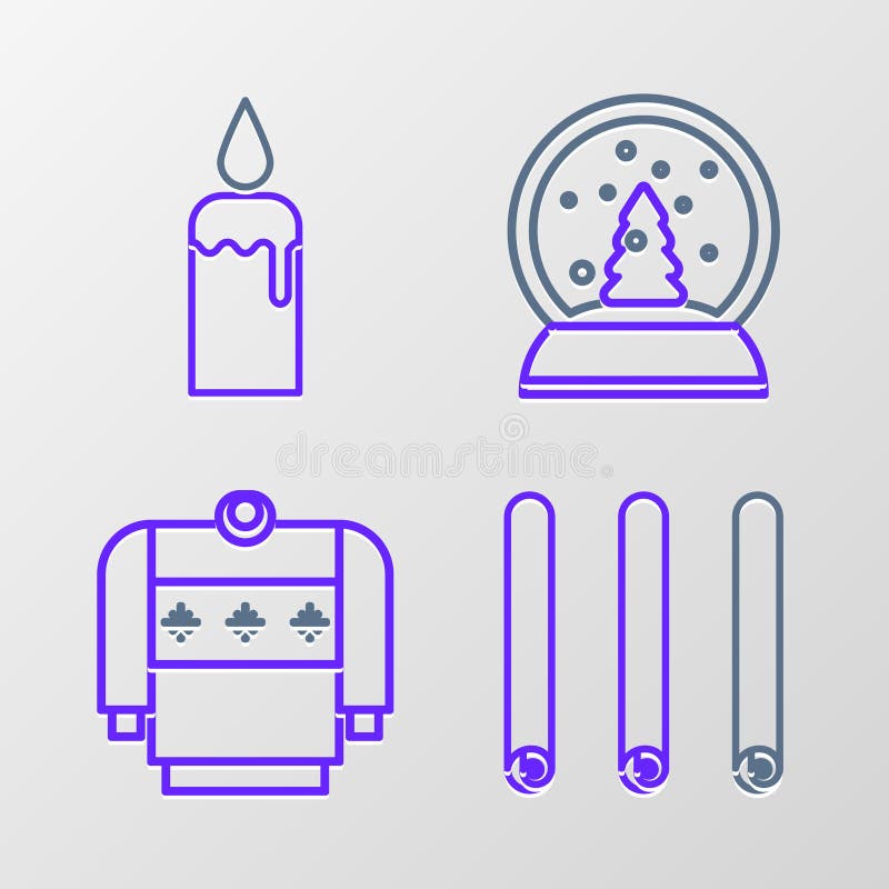 Set line Three rolled sticks of cinnamon Christmas sweater snow globe and Burning candle candlestick icon. Vector. Set line Three rolled sticks of cinnamon Christmas sweater snow globe and Burning candle candlestick icon. Vector.