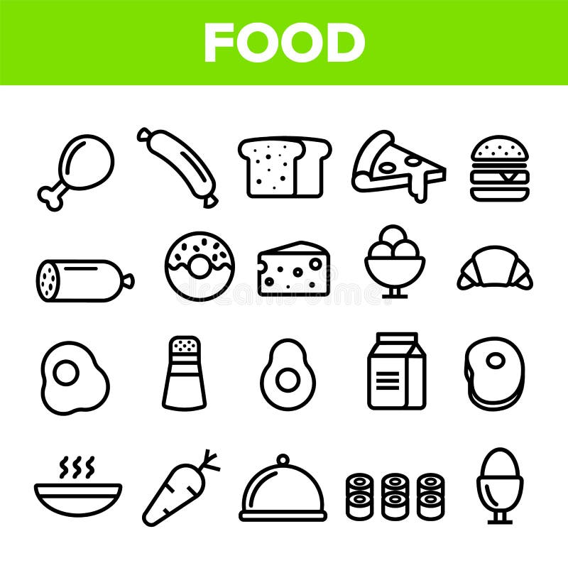 Linha vetor do alimento do grupo do ícone Ícones do alimento de café da manhã da cozinha da casa Pictograma do menu Fesh que come