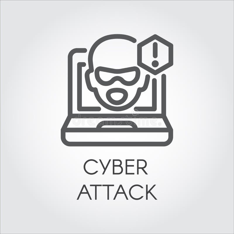 Linha ícone do ataque do Cyber Etiqueta linear de corte virtual do PC, do portátil e do software Cara do monitor e do ponto de ex
