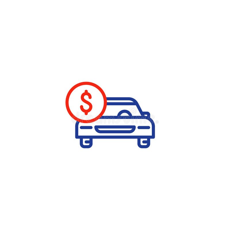 Car payment, front view, transportation cost, buy and sell services, vector mono line icon. Car payment, front view, transportation cost, buy and sell services, vector mono line icon