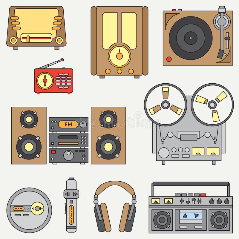 A linha ícone liso do vetor ajustou-se com dispositivos audio bondes retros Fan de música análogo da transmissão Estilo dos desen ilustração royalty free A linha ícone liso do vetor ajustou-se com dispositivos audio bondes retros Fan de música análogo da transmissão Estilo dos desen ilustração royalty free