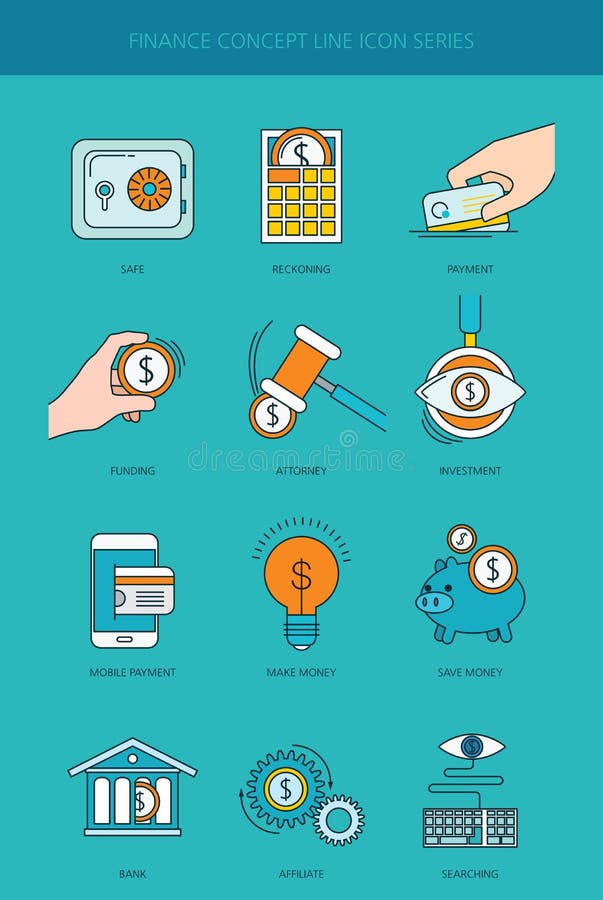 Linha ícones do conceito do negócio da finança e de operação bancária ajustados ilustração royalty free Linha ícones do conceito do negócio da finança e de operação bancária ajustados ilustração royalty free