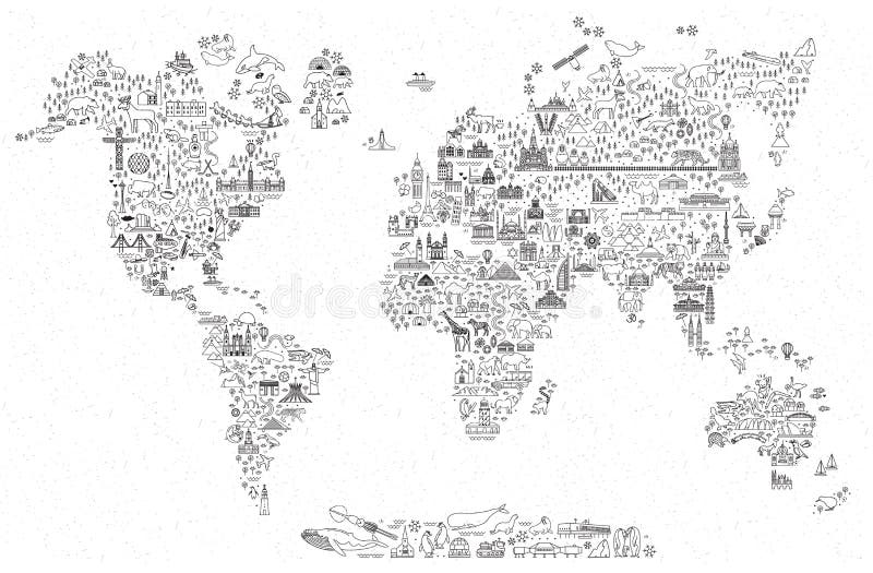 A linha ícones do curso do mundo traça Cartaz do curso com animais e atrações sightseeing Ilustração inspirada do vetor ilustração do vetor A linha ícones do curso do mundo traça Cartaz do curso com animais e atrações sightseeing Ilustração inspirada do vetor ilustração do vetor
