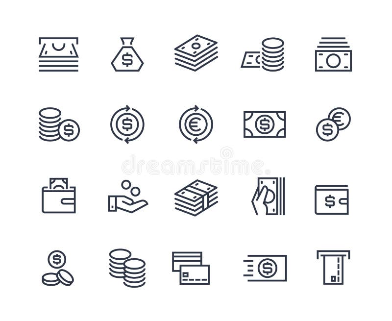 Money line icons. Business payment money market commercial exchange. Cash card wallet and coins vector symbols. Money line icons. Business payment money market commercial exchange. Cash card wallet and coins vector symbols