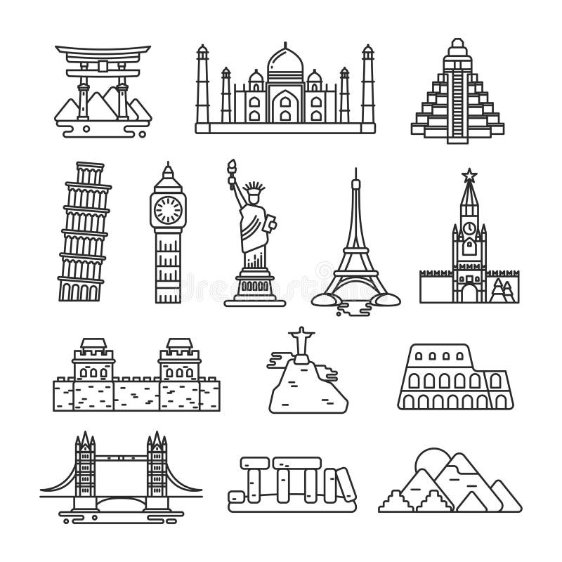 Linha ícones do vetor do marco do país internacional ilustração royalty free Linha ícones do vetor do marco do país internacional ilustração royalty free