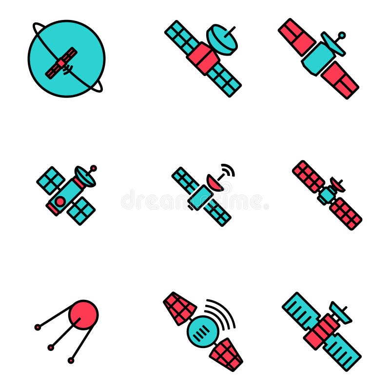 Linha ícones satélites do vetor da órbita ajustados ilustração do vetor Linha ícones satélites do vetor da órbita ajustados ilustração do vetor