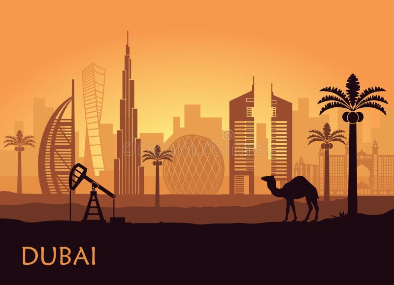 Linia horyzontu Dubaj z wielbłądem i daktylową palmą emiraty arabskie united
