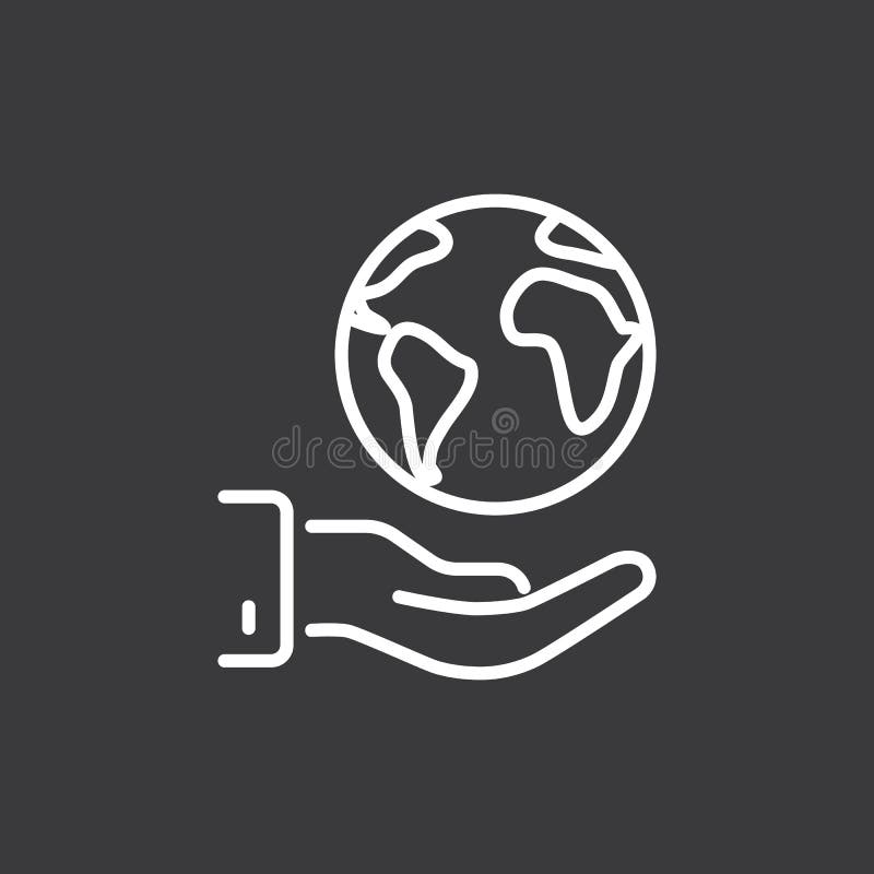 Linie Abwehrwelt, Erdin der hand Ikone auf dunklem Hintergrund stock abbildung Linie Abwehrwelt, Erdin der hand Ikone auf dunklem Hintergrund stock abbildung