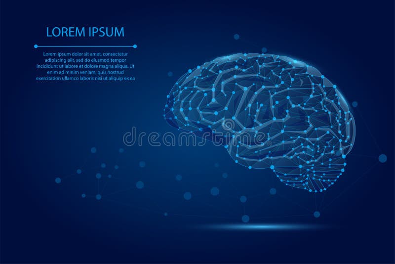 Linie de masă abstractă și creier uman punctiformă. rețea neuronală cu nivel scăzut de poli. iq testarea inteligenței artificiale vector illustration