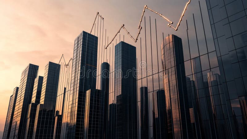 Linie de orizont apus cu proiecție Diagramă de creștere economică vector illustration
