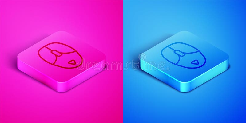 Linie izometrică Pictograma mouse-ului computerului izolat pe fundal roz și albastru. Optic cu simbol roată. Buton pătrat stock illustration