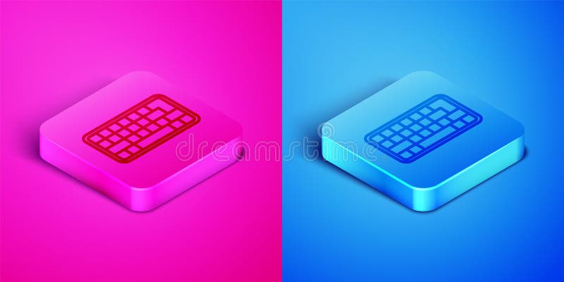 Linie izometrică Tastatura computerului pictogramă izolată pe fundal roz și albastru. Semn componentă PC. Buton pătrat. Vector vector illustration