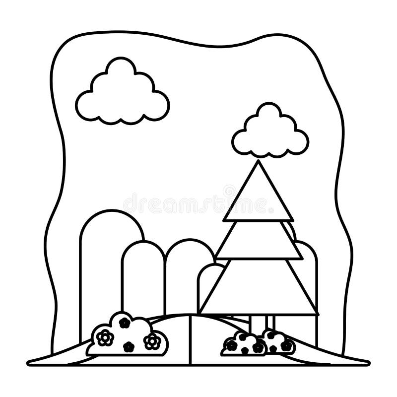 Linie nette Berge mit Kiefer und Blumen vektor abbildung Linie nette Berge mit Kiefer und Blumen vektor abbildung