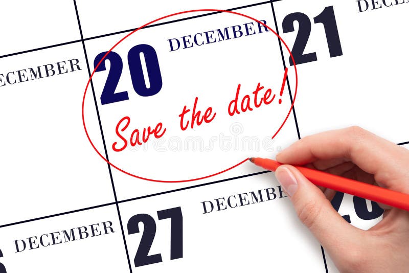 Linie roșie desenată manual și scrierea textului se salvează data la data calendaristică 20 decembrie. stock illustration