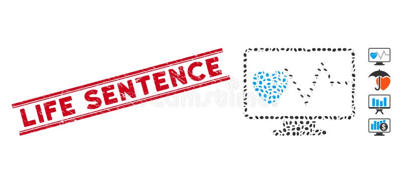 Linie Stempel der lebenslänglichen Haftstrafe und Collagen-Herz Überwachungsikone stock abbildung