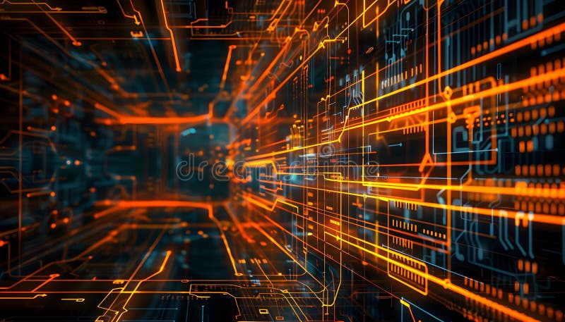 Linii luminoase și particule pe plăcile cu circuite digitale futuriste. Abstracție tehnologică modernă stock illustration