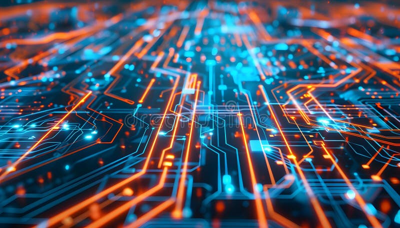 Linii luminoase și particule pe plăcile cu circuite digitale futuriste. Inovație tehnologică modernă stock illustration