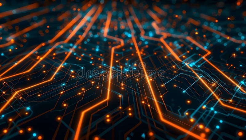 Linii strălucitoare și particule pe plăcile cu circuite digitale iluminate. Concept tehnic Cuttingedge vector illustration