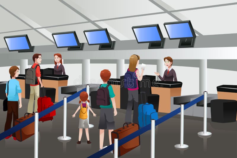Lining up at the check-in counter in the airport vector illustration Lining up at the check-in counter in the airport vector illustration