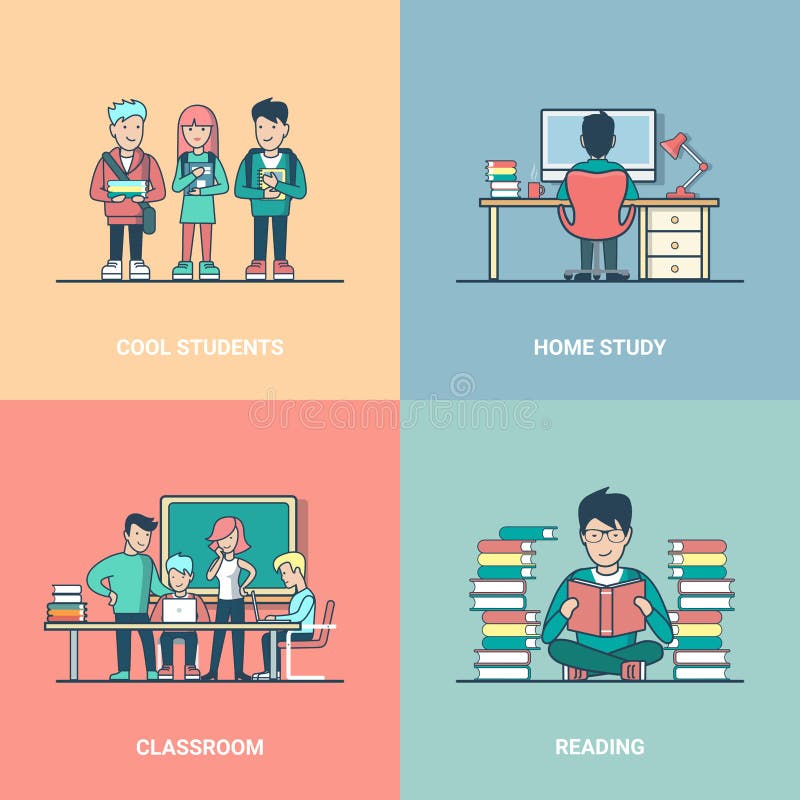 Liniowy Płaski ustalony uczeń czytająca edukaci nauka ilustracja wektor Liniowy Płaski ustalony uczeń czytająca edukaci nauka ilustracja wektor