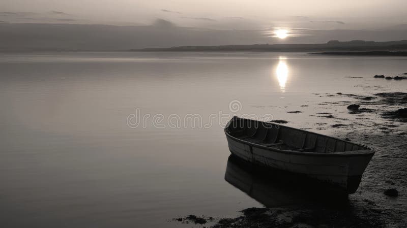 Amurg Liniștit Călătoria Senină a unei Bărci Singuratice Reflectată în Ape Calme Sub un Cer Pastelat Capturând Esența stock illustration