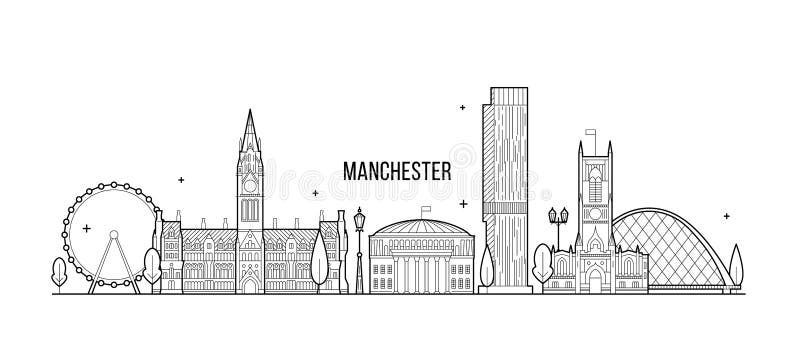 Manchester skyline, Greater Manchester, England, UK. This illustration represents the city with its most notable buildings. Vector is fully editable, every object is holistic and movable. Manchester skyline, Greater Manchester, England, UK. This illustration represents the city with its most notable buildings. Vector is fully editable, every object is holistic and movable